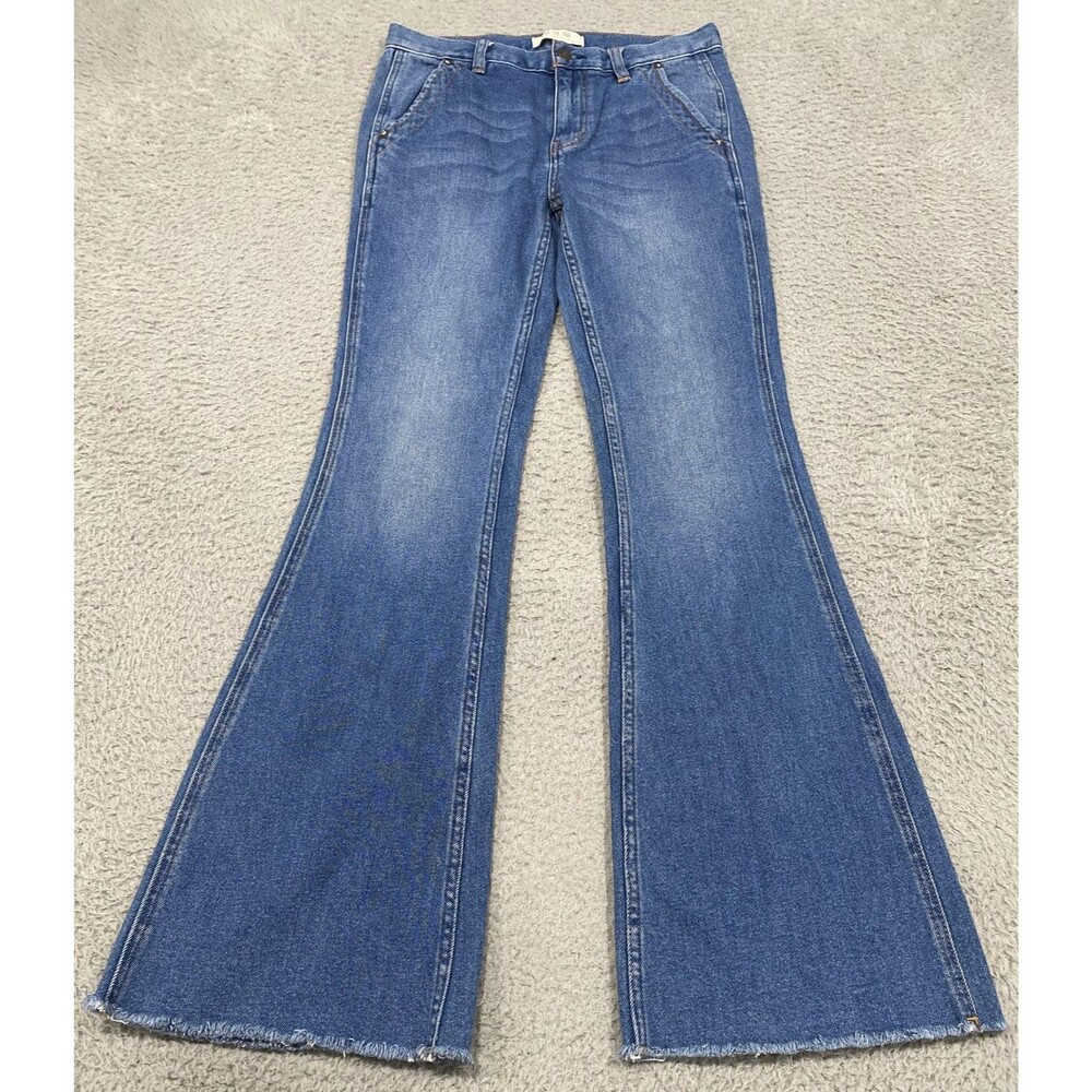 We The Free Jeans Womens 27 Blue Medium Wash Flare Bell Bottom Raw Hem Stretch